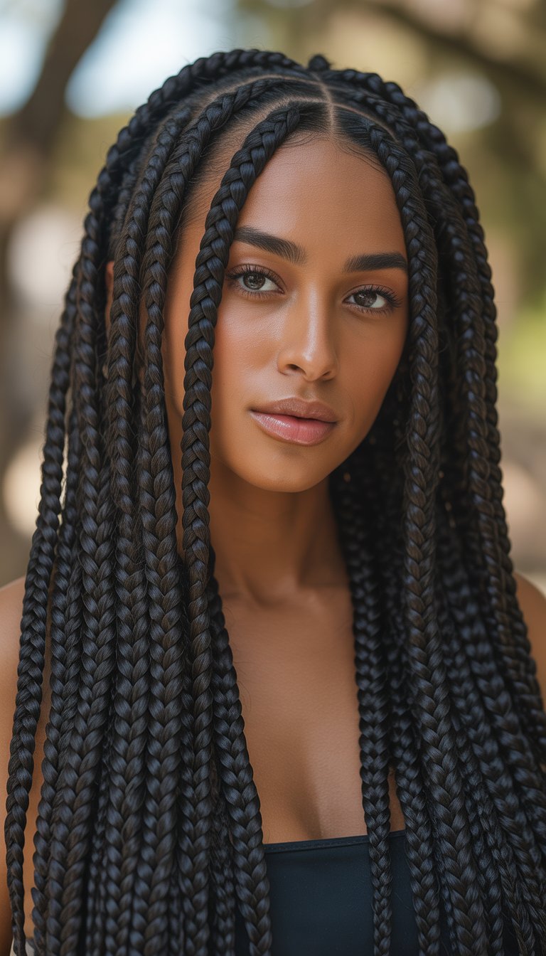 Close-up of a Black woman with long French braids looking confidently at the camera.